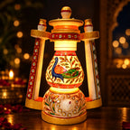 Illuminated marble lantern lamp casting a warm golden glow through peacock and floral artwork, with a regulator on the base