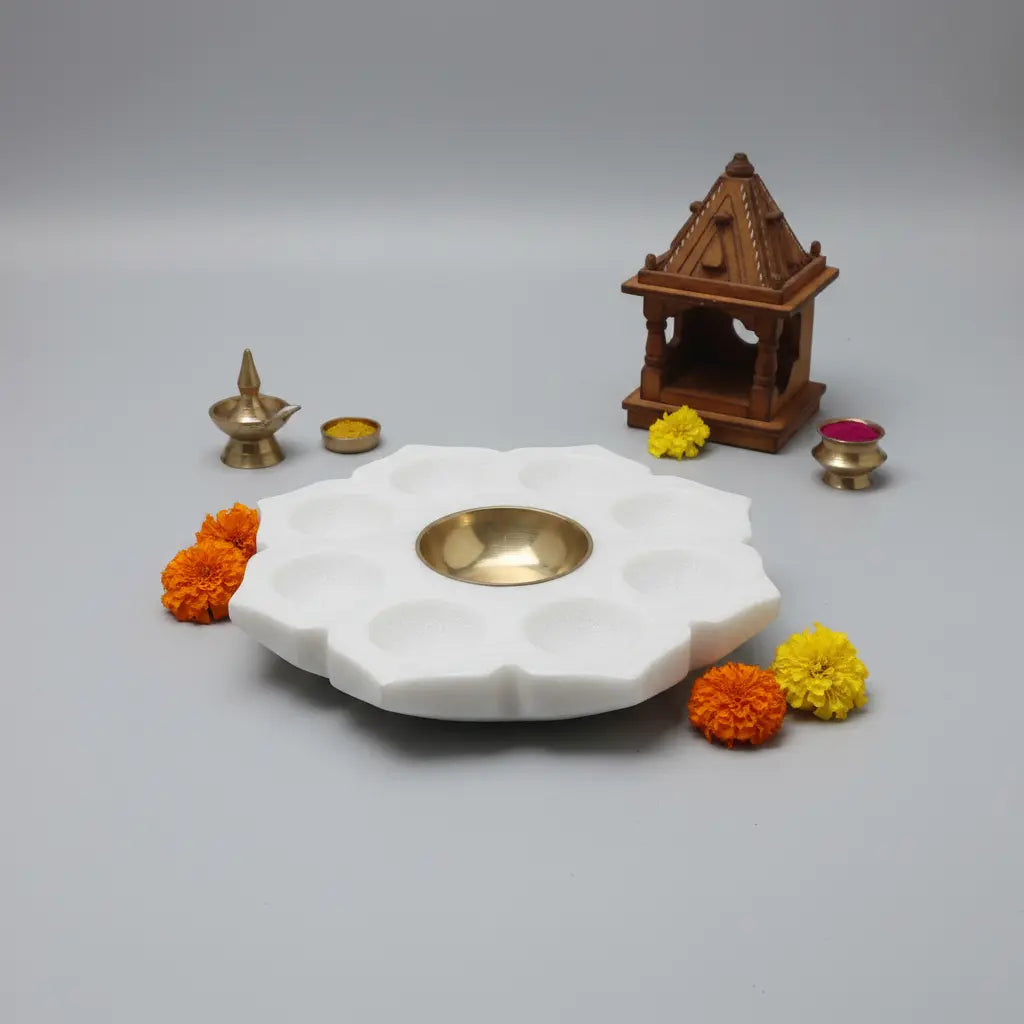 White Marble Lotus Candle Holder with Brass Bowl — Festive Home Decor