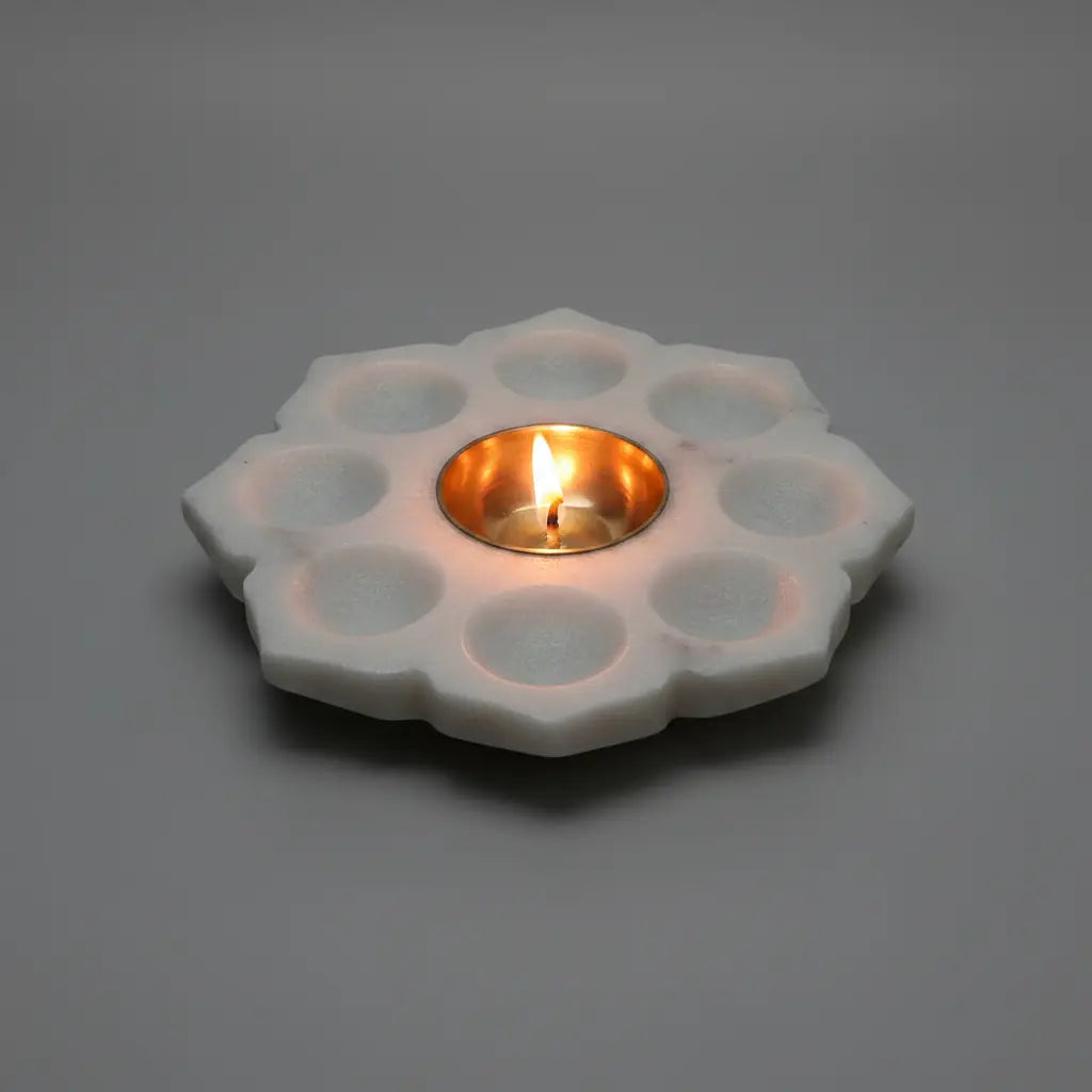 Marble Lotus Candle Holder with Brass Bowl — 9 Diya Plate with Tealight Lit