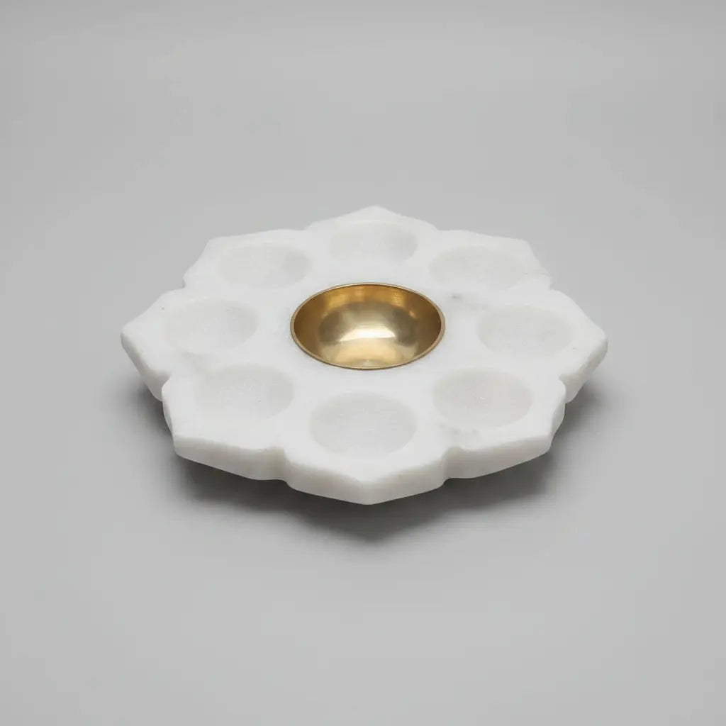 Top View of White Marble Lotus Diya Plate with Brass Centre Bowl — 6 Inch
