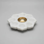 Top View of White Marble Lotus Diya Plate with Brass Centre Bowl — 6 Inch