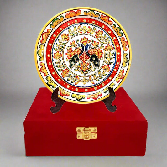 Round marble decorative plate featuring hand-painted embossed floral designs, presented in a luxurious velvet box with a wooden stand.