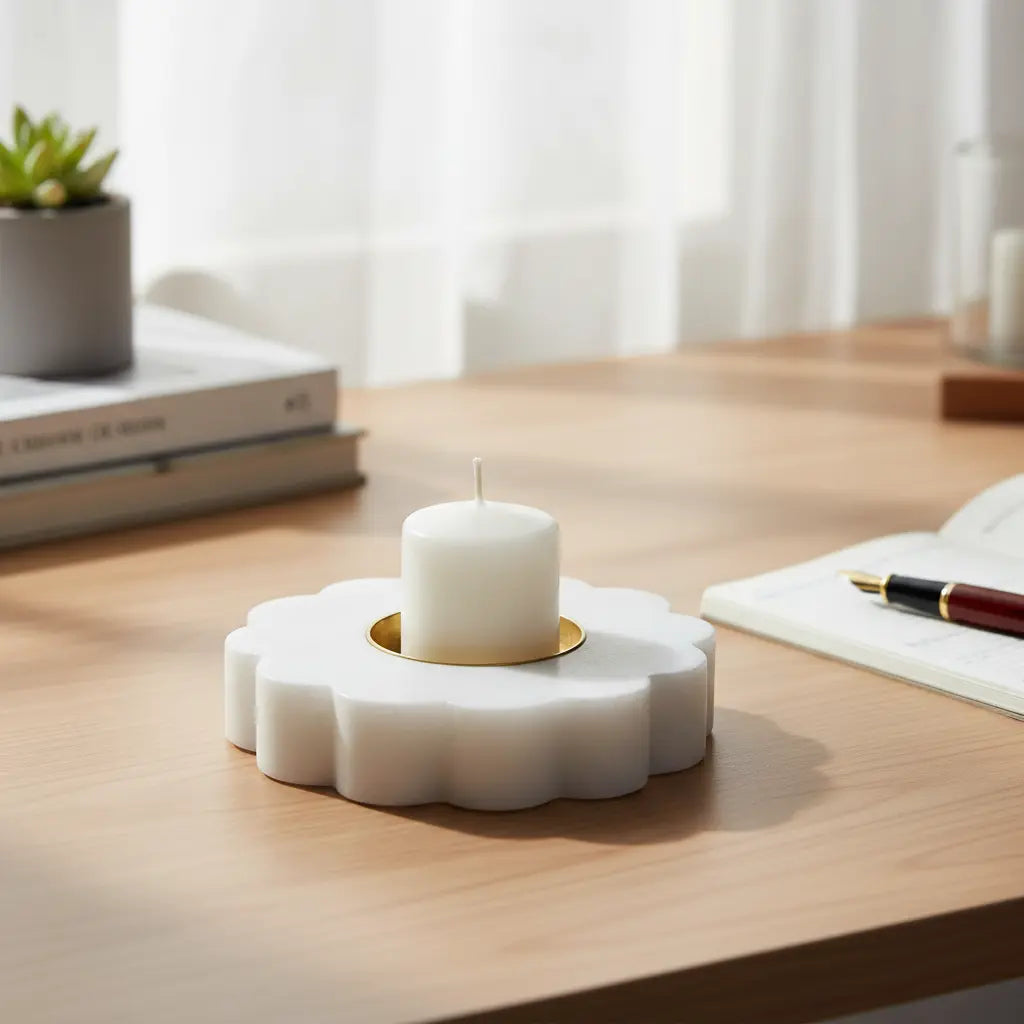 Top View of Large White Marble Flower Petal Candle Holder with Brass Insert
