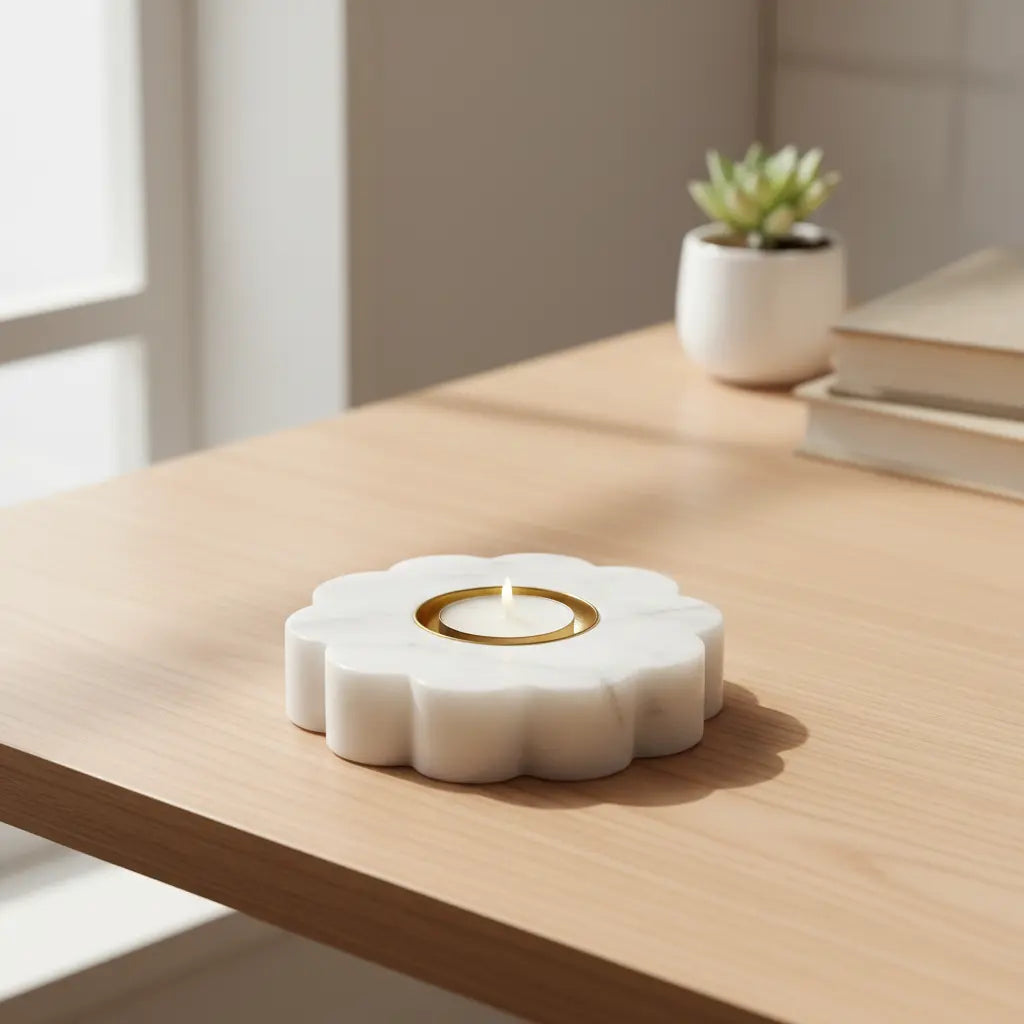 Large 10cm White Marble Petal Diya with Brass Bowl — Festive Candle Holder