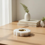 White Marble Petal Diya with Brass Bowl on Wooden Table — Lifestyle Shot