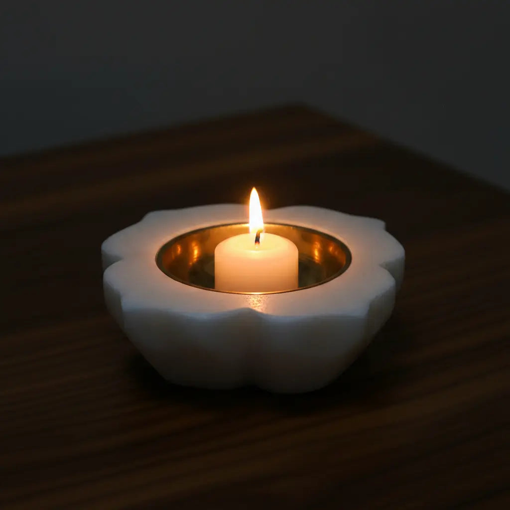 White Marble & Brass Tealight Holder with Candle Lit — Lifestyle Shot