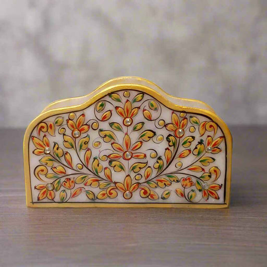 Marble tissue stand with floral design and golden border for home décor