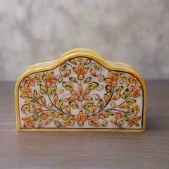 Marble tissue stand with floral design and golden border for home décor