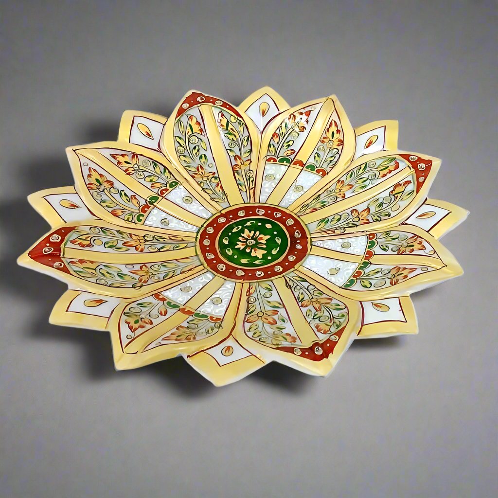 Round decorative marble urli centerpiece with hand-painted designs