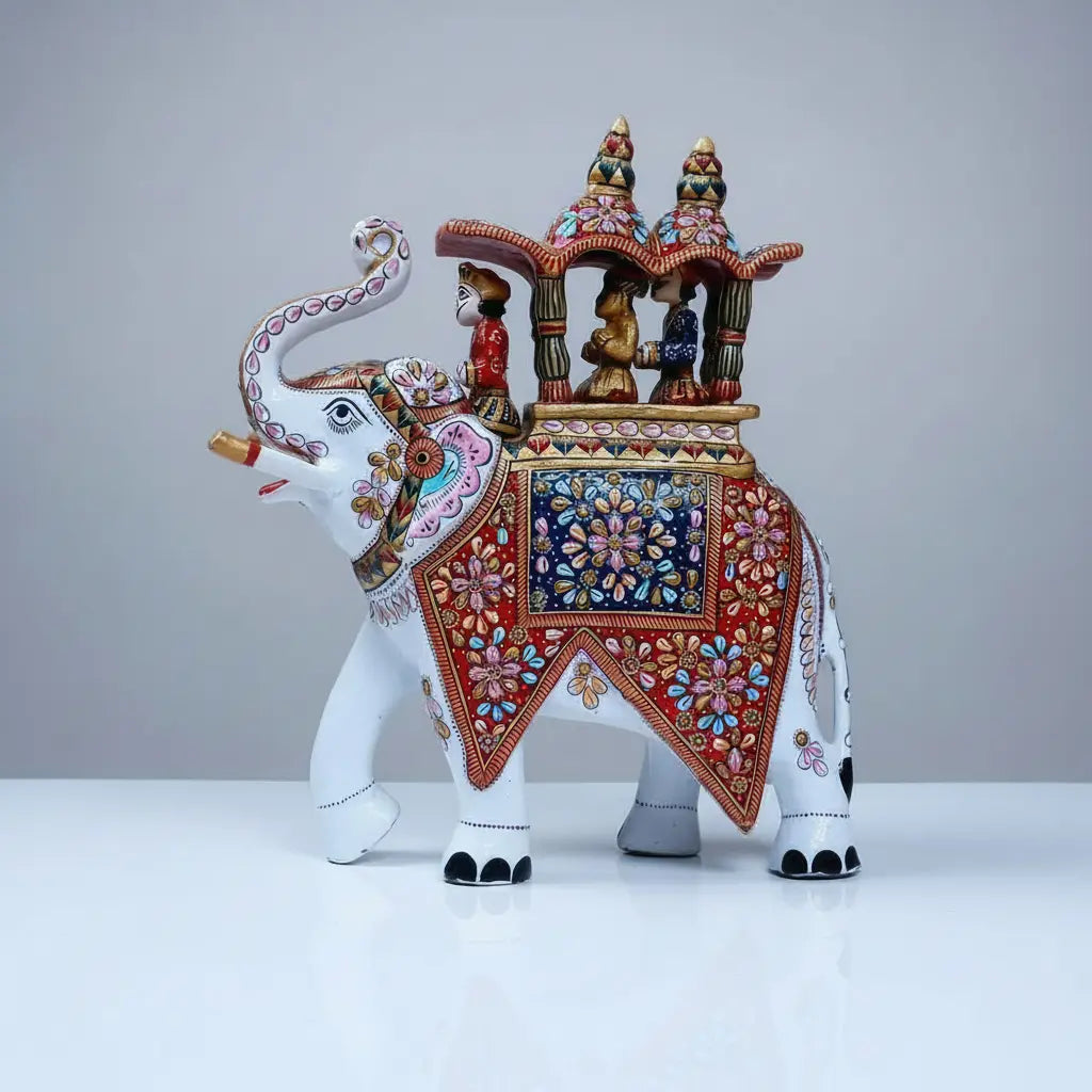 Meenakari Ambabari Elephant with Decorated Palki, Raja and Vazir Seated, Mahavat on Top, Jaipur Art