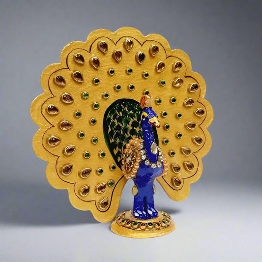 Meenakari Dancing Peacock Showpiece – Handcrafted Metal Decor with Gold and Stone Work