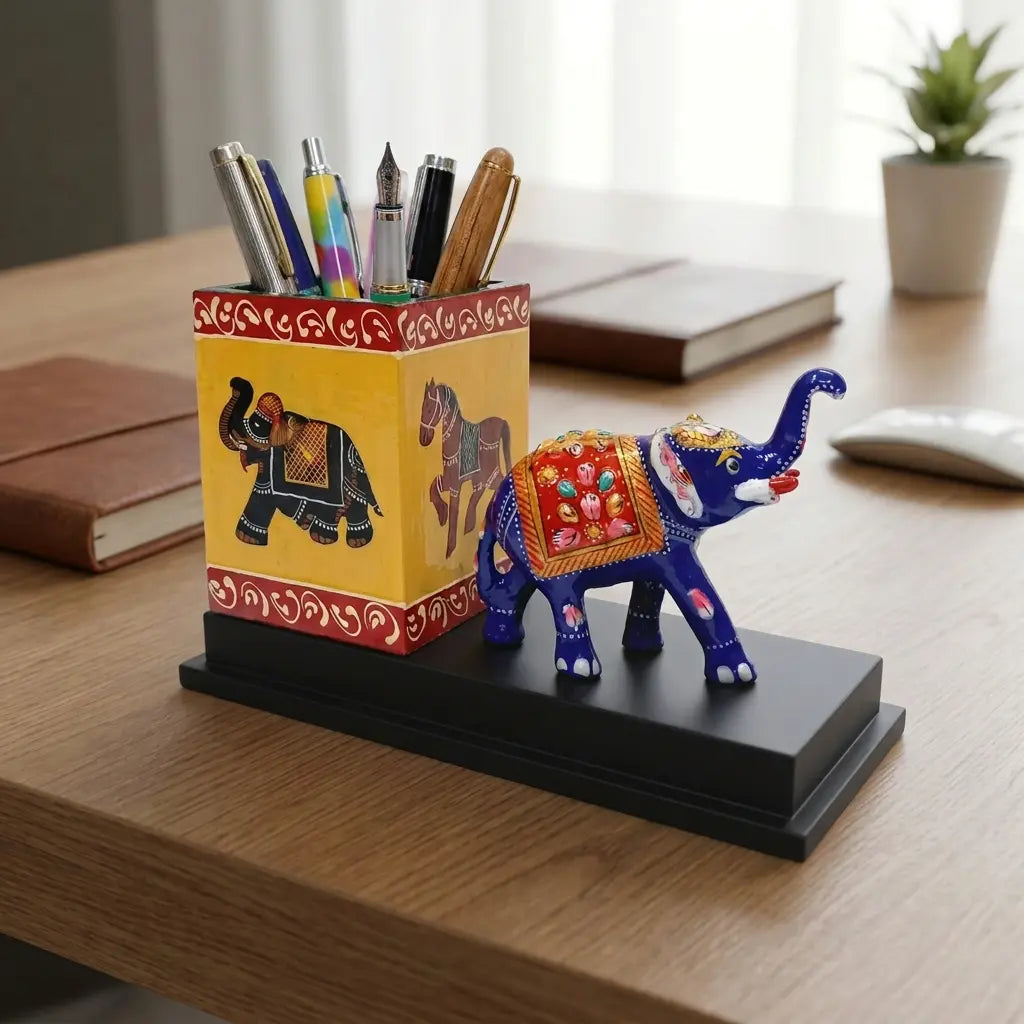 Meenakari elephant desk organizer featuring enamel painting, a square pen compartment and a wooden platform base