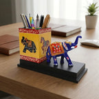 Meenakari elephant desk organizer featuring enamel painting, a square pen compartment and a wooden platform base