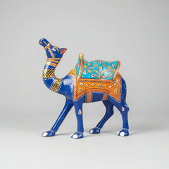 Royal blue Meenakari Kathidar camel statue featuring traditional Jaipur metalwork and multi-colored embossed patterns, perfect for luxury home decor.