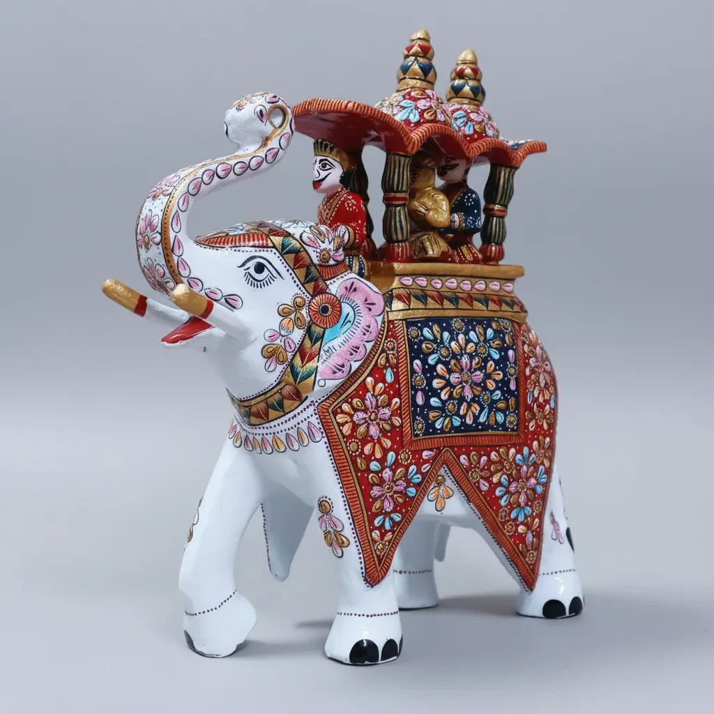 Close-up of Multicolor Meenakari Hand-painting on White Metal Ambabari Elephant, Jaipur Handcrafted