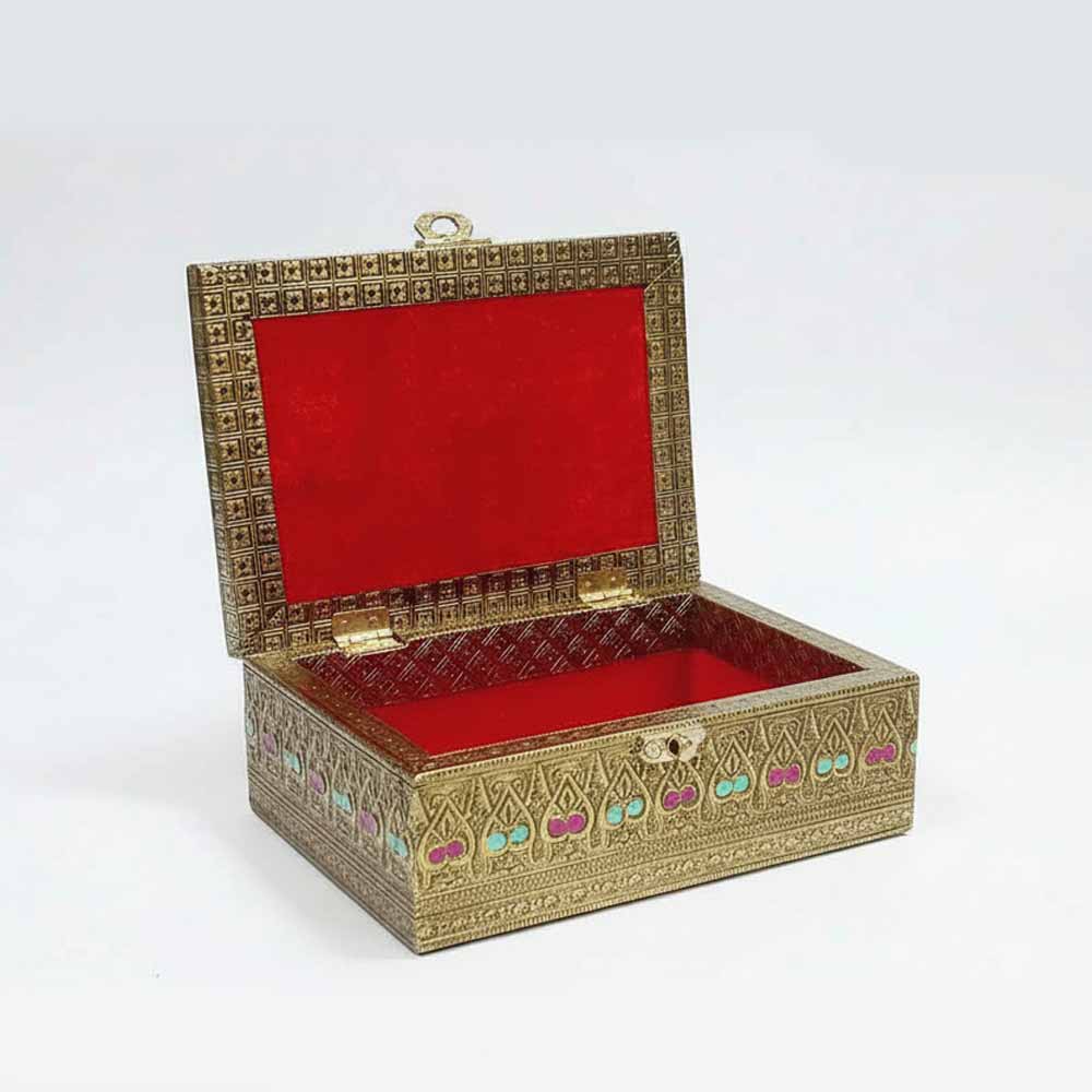 Open view of meenakari peacock wooden box revealing soft velvet-lined interior for jewelry.