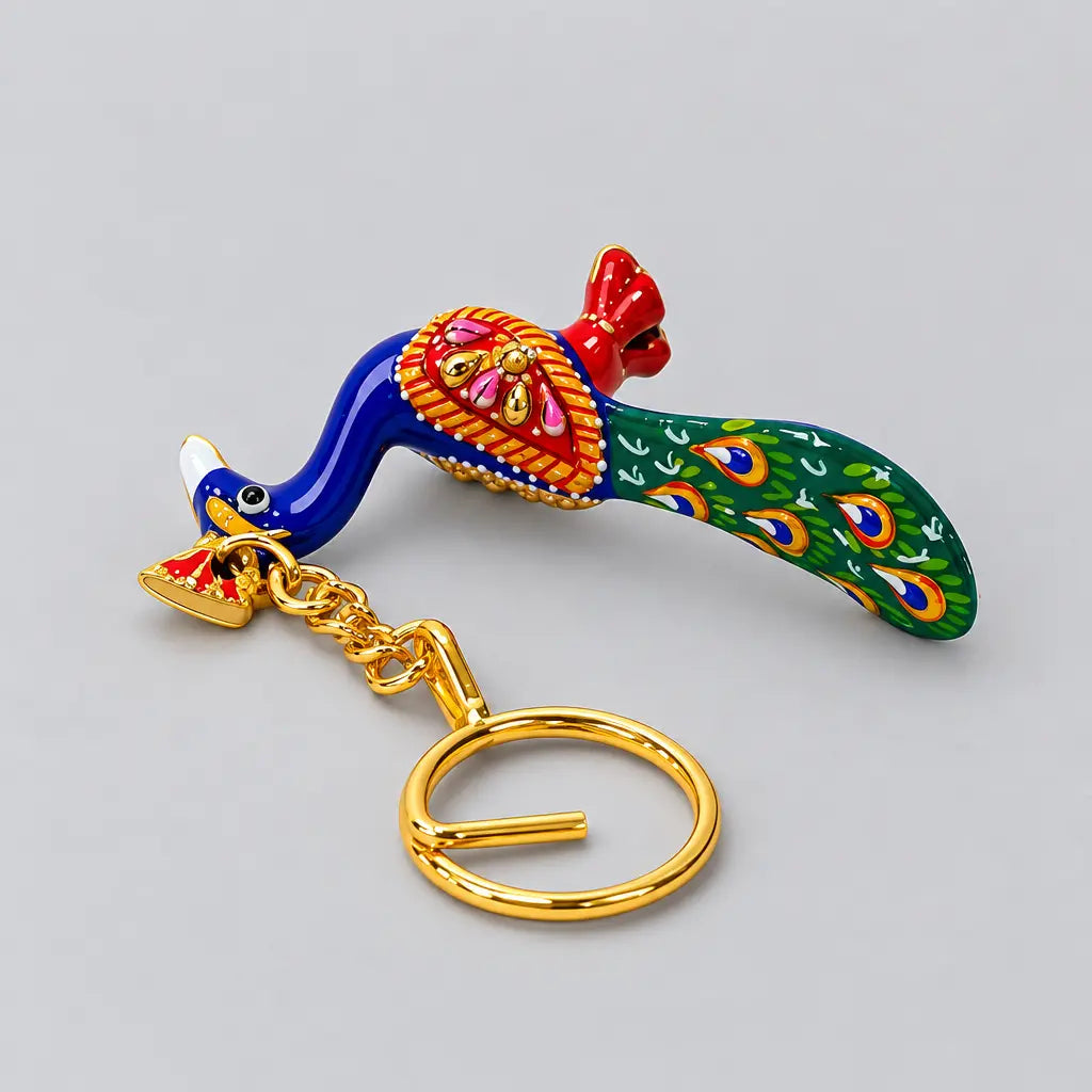 Meenakari peacock keychain lying flat, showing its patterned green tail, floral wing and gold-tone keyring