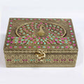 Elegant meenakari peacock wooden jewellery box front view with golden metal and enamel.