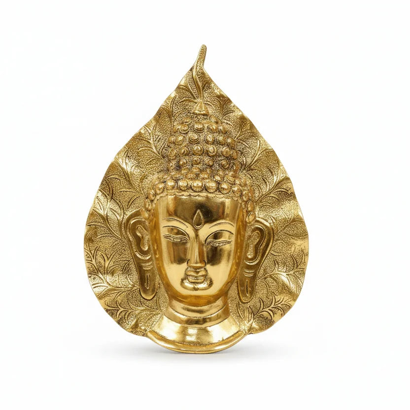 Golden oxidized metal Buddha wall decor with hand-painted leaf design, 30x22cm spiritual wall hanging from Jaipur.