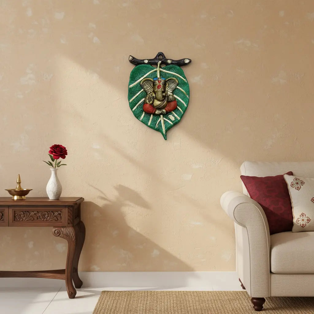 Metal Ganesha Paan Leaf Hand Painted Wall Decor for Pooja Room and Housewarming Gift