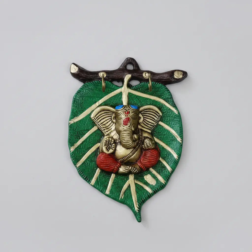 Hand Painted Metal Ganesha on Green Paan Leaf Wall Hanging Home Decor