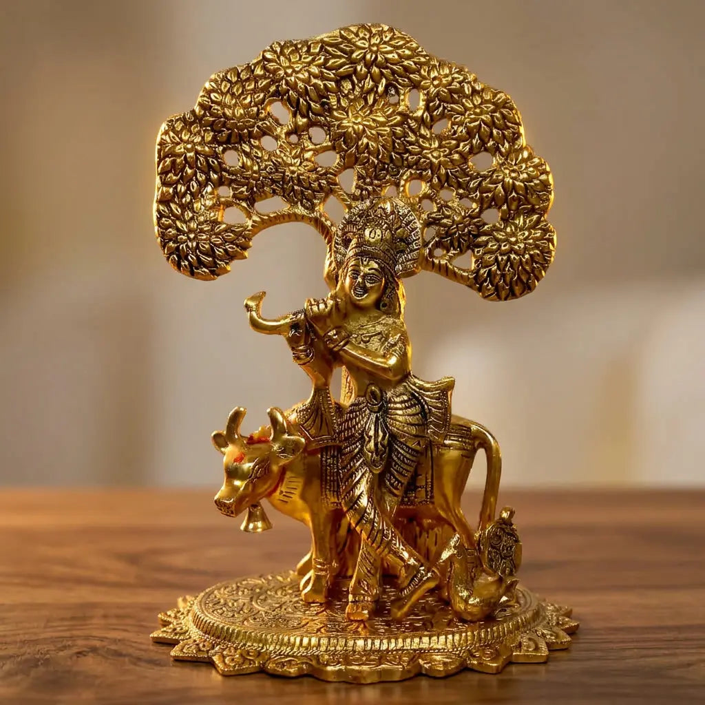 Metal Krishna idol playing the flute with a cow beneath a spreading tree