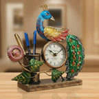 Metal peacock table clock with Roman numeral dial and mesh pen holder, Jaipur handicraft