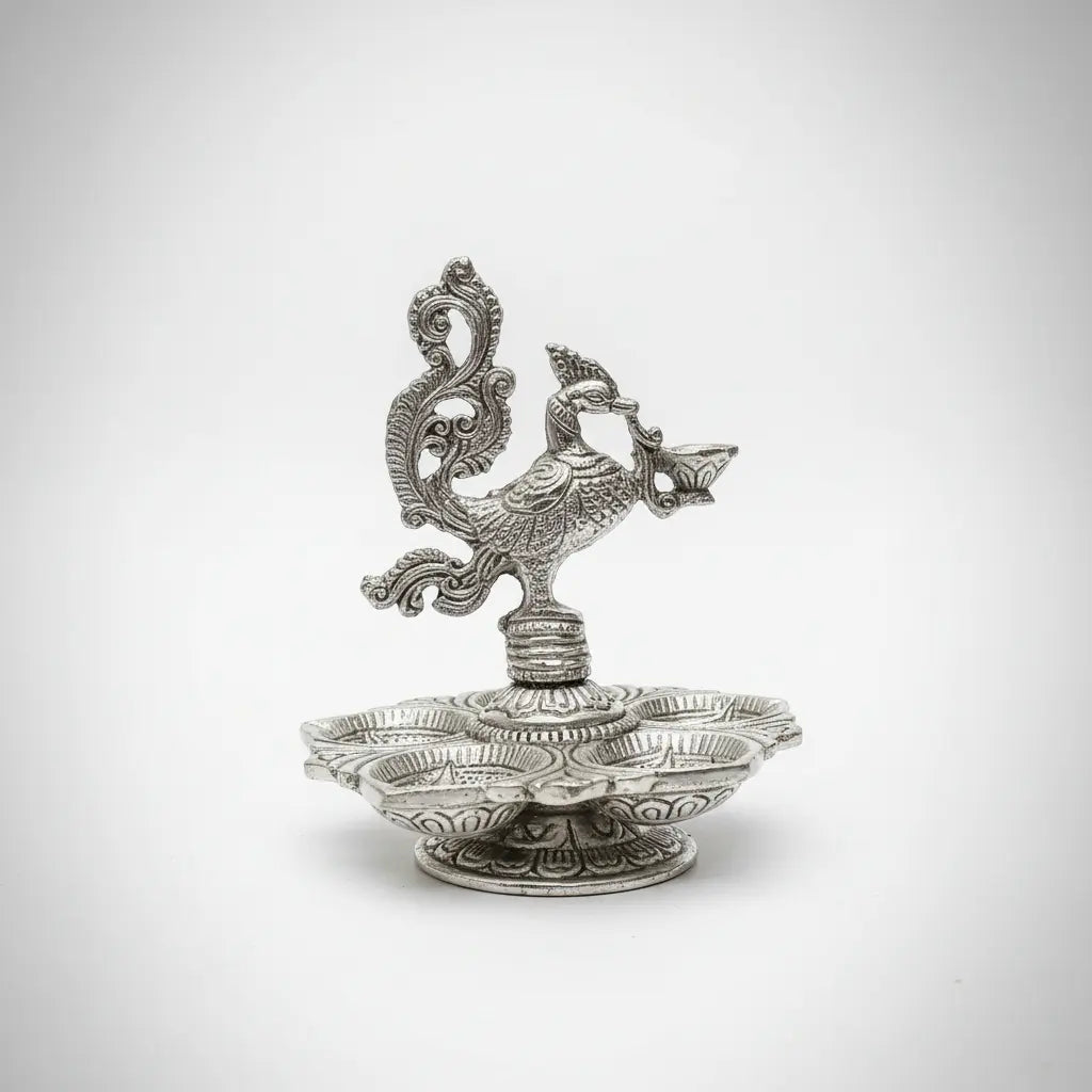 Metal Peacock Diya Stand Oxidized Silver Finish for Diwali Decor and Housewarming Gift