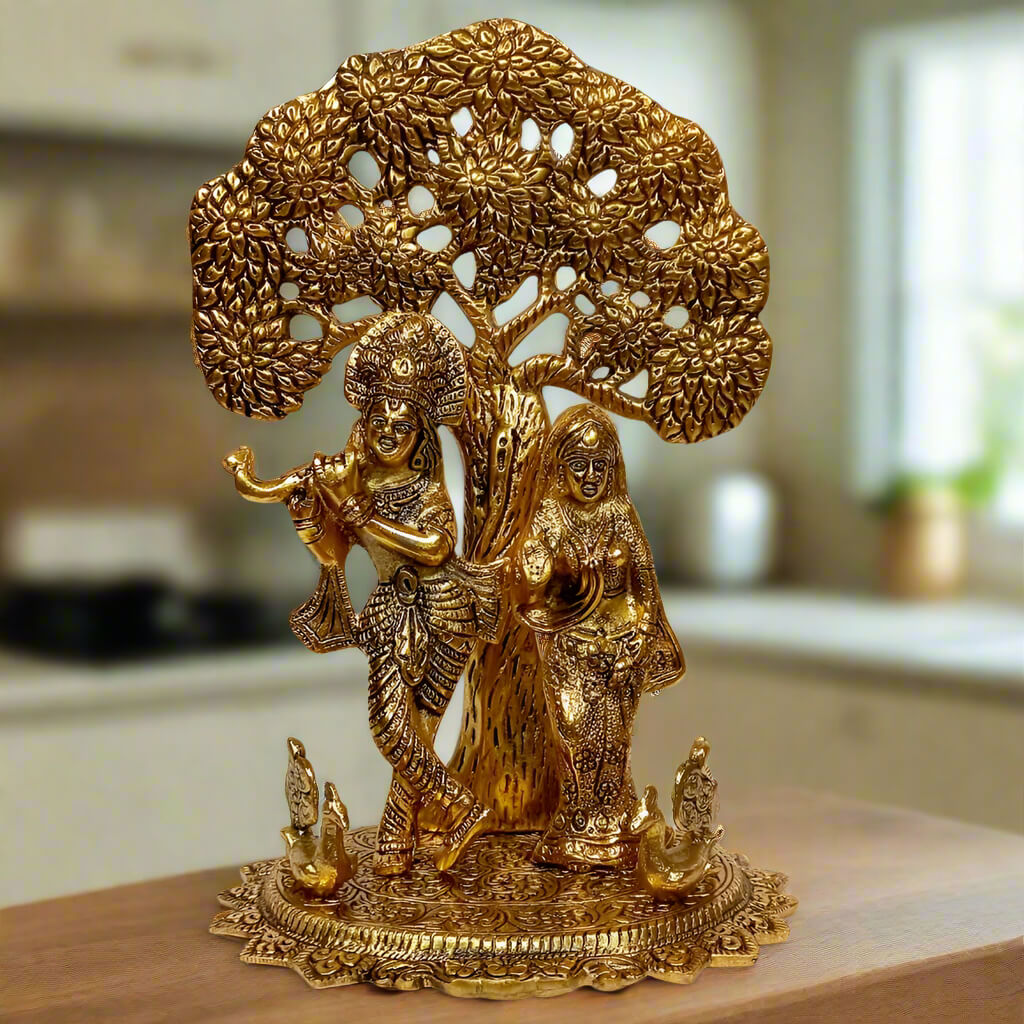 Metal Radha Krishna statue standing under tree with two peacocks – 33 cm decorative idol