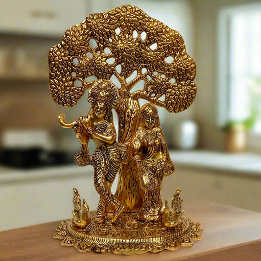 Metal Radha Krishna statue standing under tree with two peacocks – 33 cm decorative idol