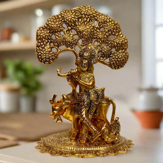 Elegant Krishna idol with cow and tree – handcrafted Indian metal statue for home décor and pooja.