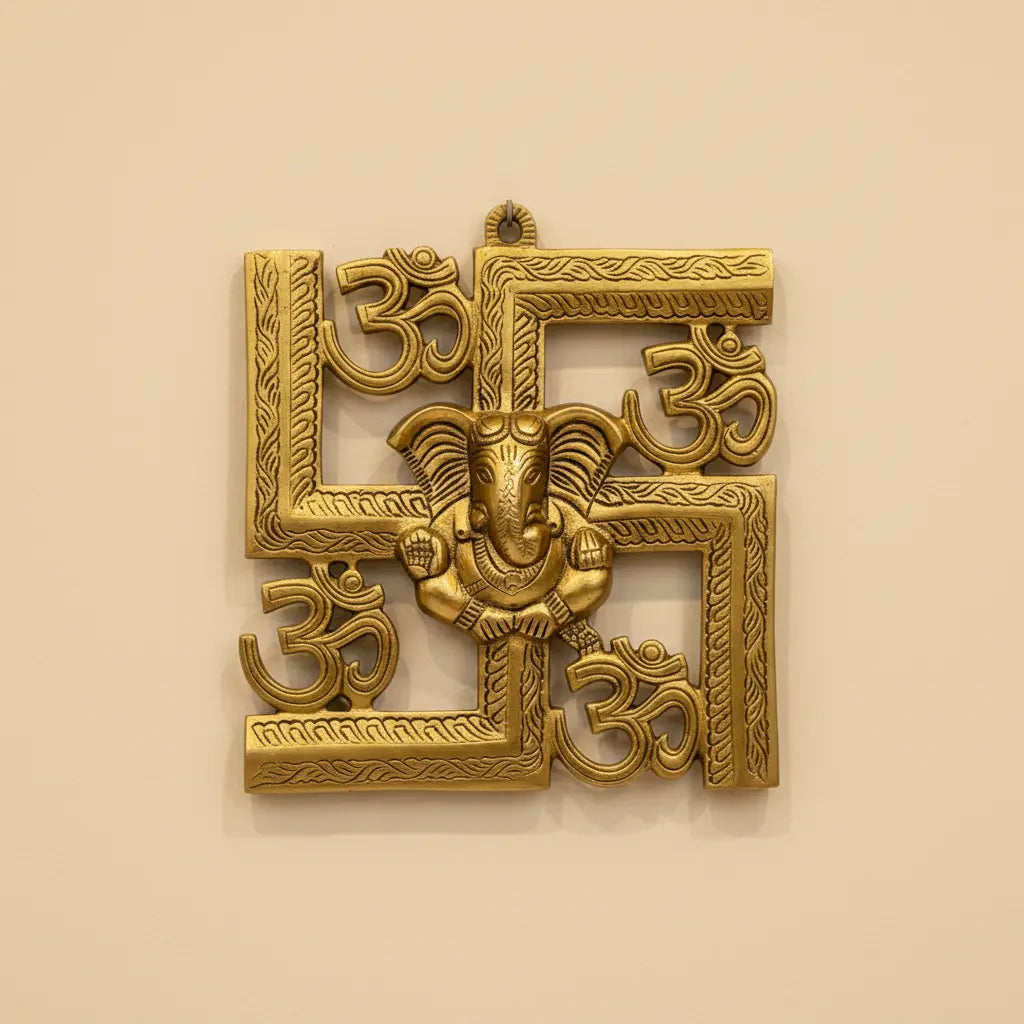 Auspicious Metal Swastik Ganesha Om Wall Hanging Golden Finish 8x8 Inch Home Decor