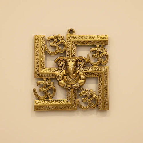 Auspicious Metal Swastik Ganesha Om Wall Hanging Golden Finish 8x8 Inch Home Decor