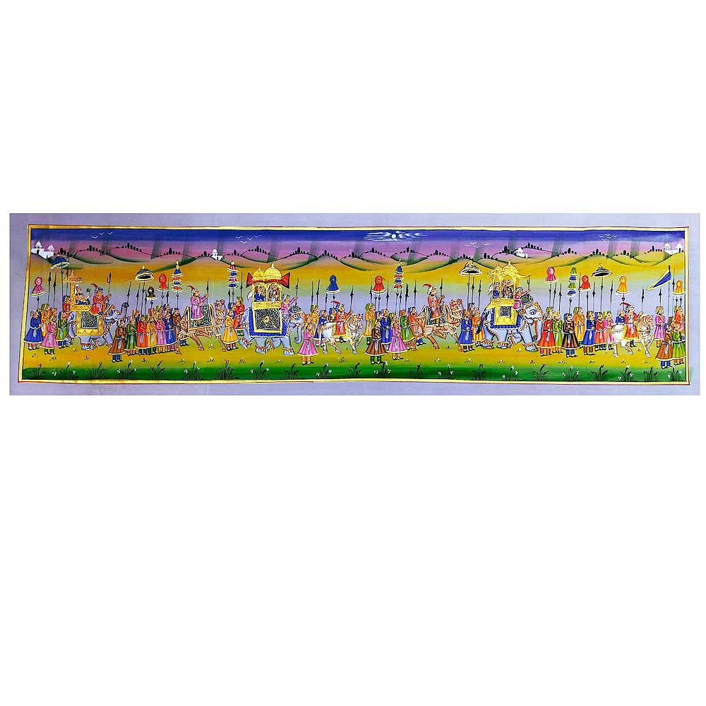 A detailed miniature painting of a Mughal procession on silk fabric.