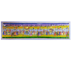 A detailed miniature painting of a Mughal procession on silk fabric.