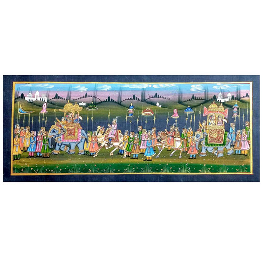 A handcrafted miniature silk painting depicting a traditional wedding procession with intricate details.