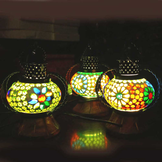Colorful mosaic lantern lamp featuring detailed glass tile patterns for home decoration