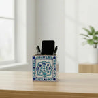 Close-up of Mughal Floral Hand Painting on Wooden Pen Stand - Blue Turquoise Art