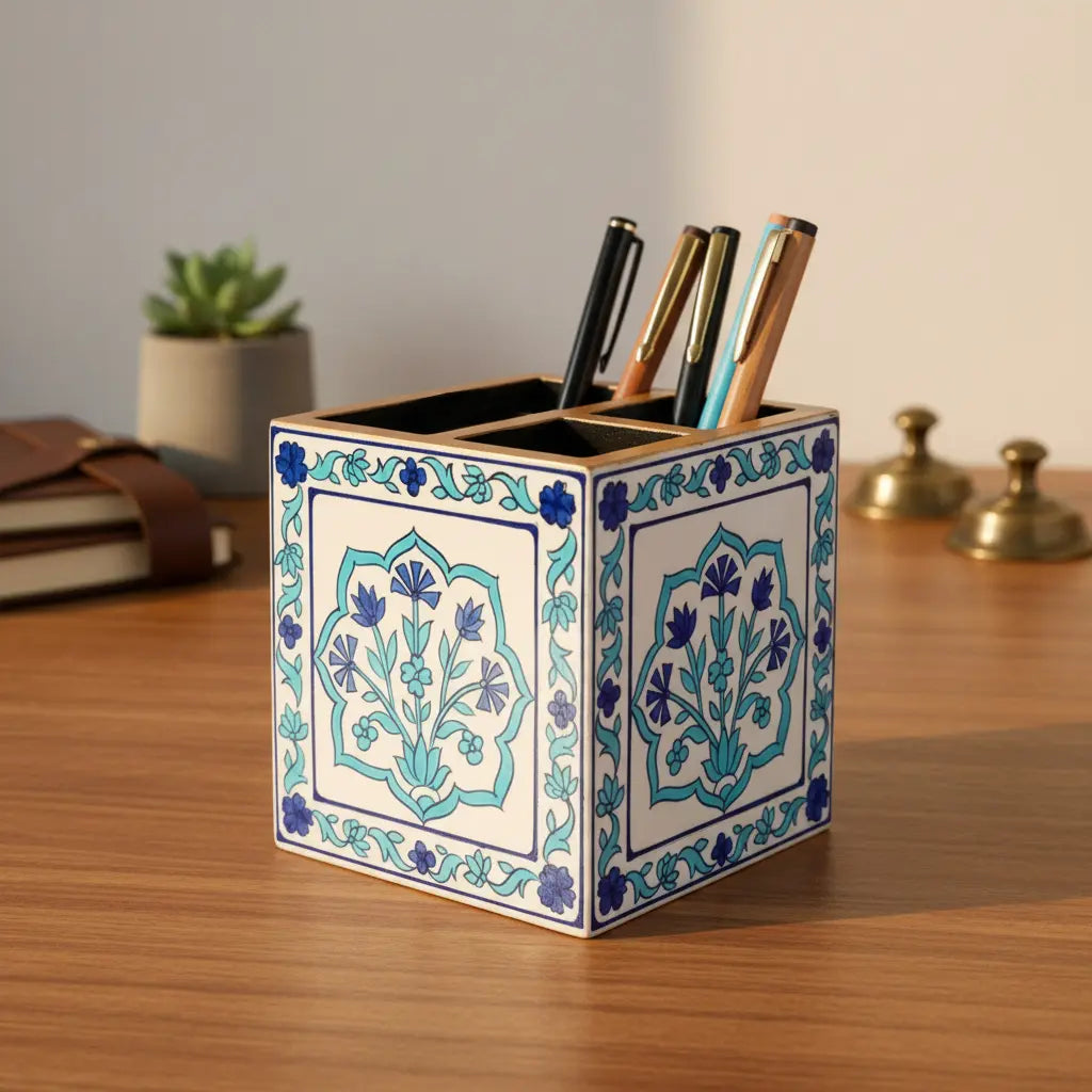 Mughal Art Hand Painted Wooden Pen Stand - Front View with Floral Design