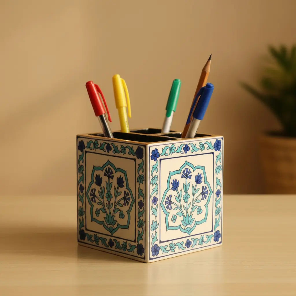 Hand Painted Wooden Pen Stand - Side View showing Mughal Floral Art