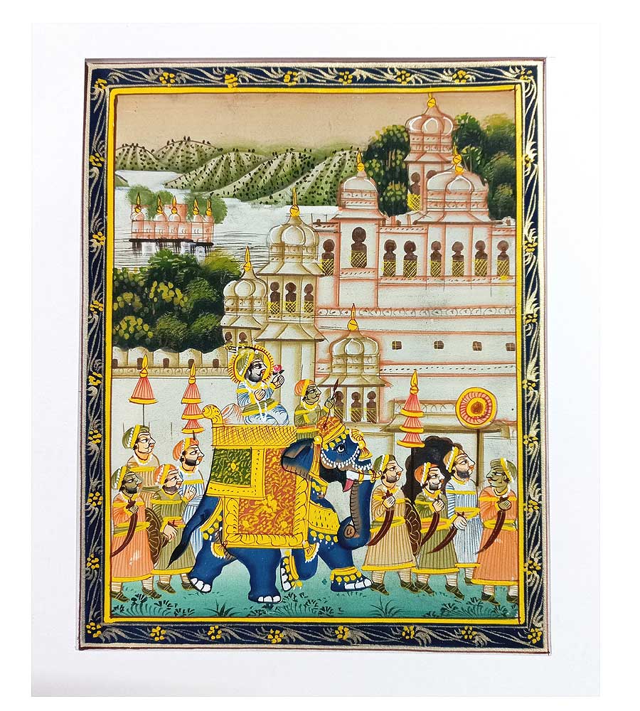 A hand-painted miniature painting depicting a scene from the Mughal Empire.