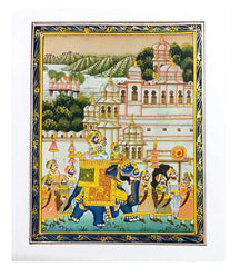A hand-painted miniature painting depicting a scene from the Mughal Empire.