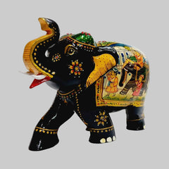 Fine hand-painted wooden elephant showpiece showcasing Mughal miniature details
