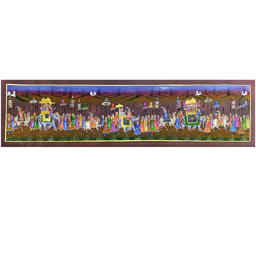 A hand-painted silk painting depicting a traditional Mughal procession with intricate details.