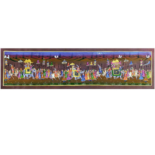 A hand-painted silk painting depicting a traditional Mughal procession with intricate details.
