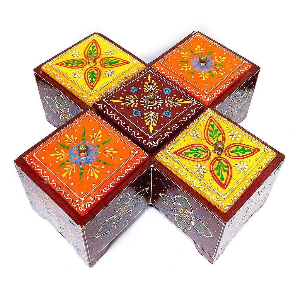 A multi-colored wooden dry fruit container, a beautiful way to keep your dried fruits fresh.