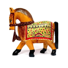 A multi-colored wooden horse statue, a perfect gift for an office or study room.