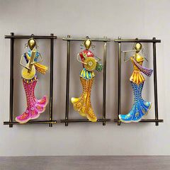 Multicolor Metal Wall Hanging – Set of 3 Frames Featuring Musical Lady Figures in Vibrant Traditional Attire