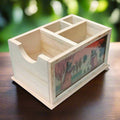 Wooden desk organizer with gemstone painting on front, perfect for office use.