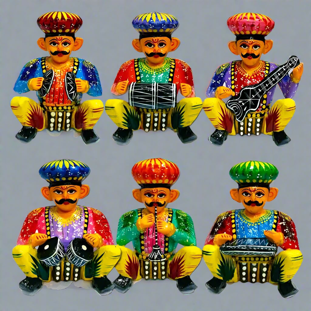 Handcrafted wooden Musician Bawla Puppet Set with colorful designs